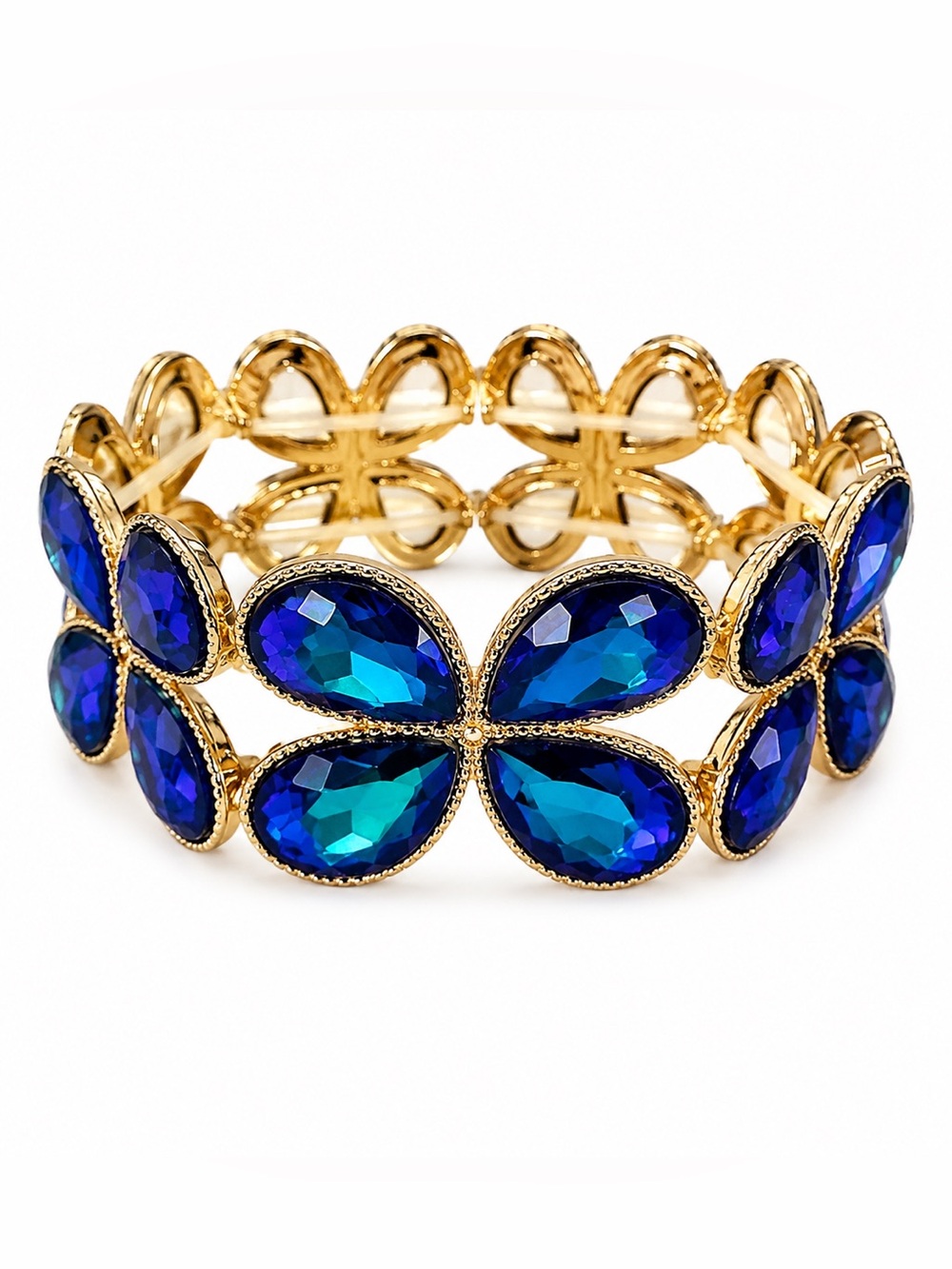 Gold-Plated Blue Crystal Flower Stretch Bracelet